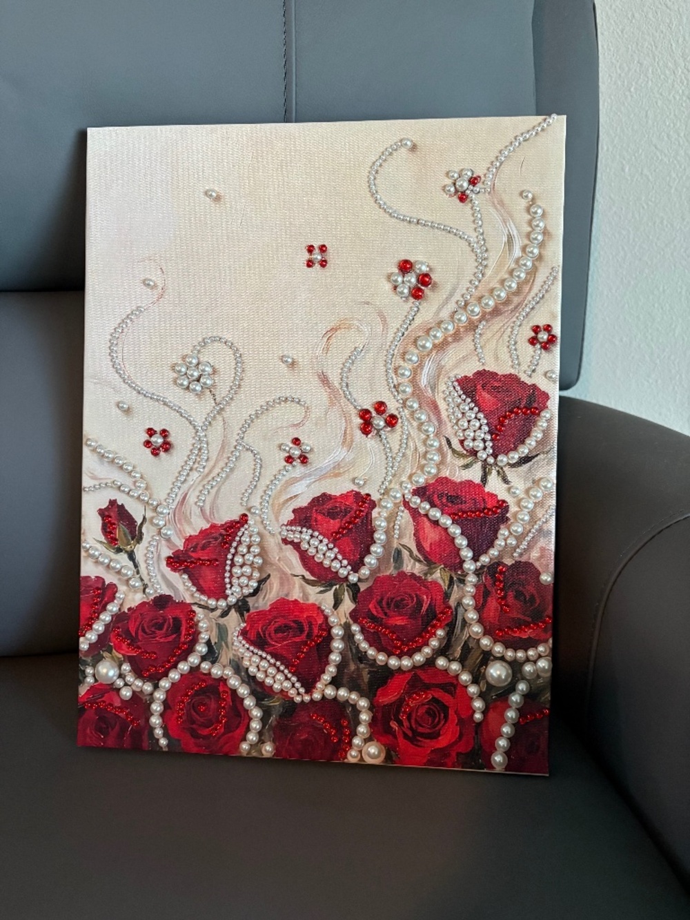 Hand Placed Diamond Crystals and Pearls on a painted Canvas